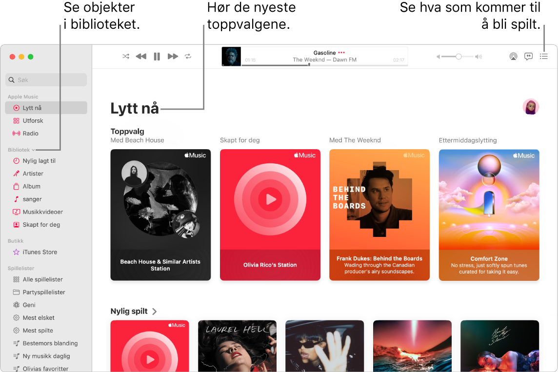 Et Musikk-appvindu som viser hvordan du kan vise biblioteket, lytte til Apple Music og se neste sang.