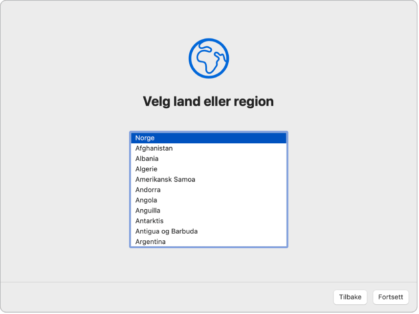 En skjerm i Oppsettassistent som viser alternativer for å velge brukerens land eller region.