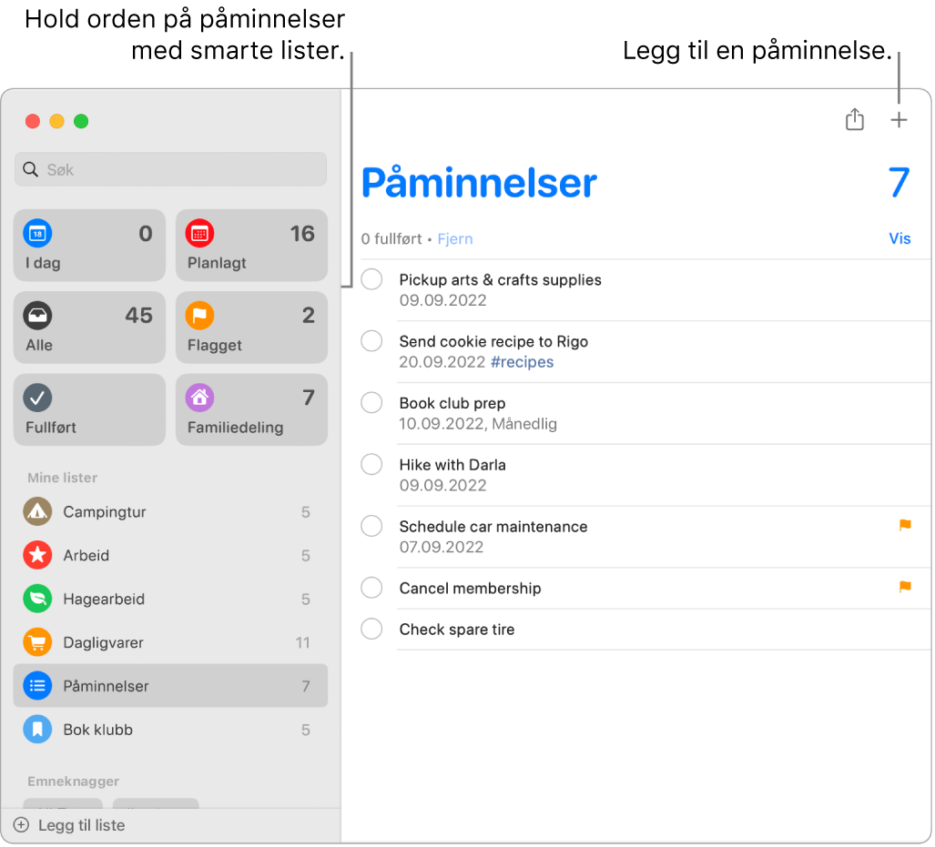 Et Påminnelser-vindu med smarte lister til venstre og andre påminnelser og lister under. Pekeren er i en påminnelse. Det vises bildeforklaringer for smartlister og «Legg til ny påminnelse»-knappen.