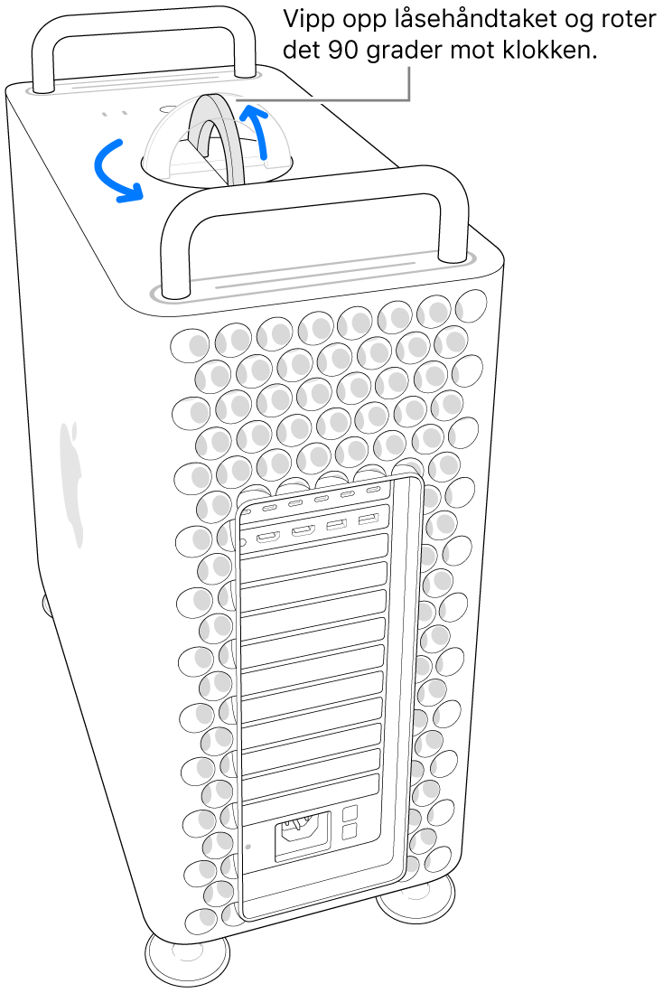 Det første trinnet er å fjerne datamaskinens kabinett ved å løfte låsehåndtaket og vri det 90 grader.