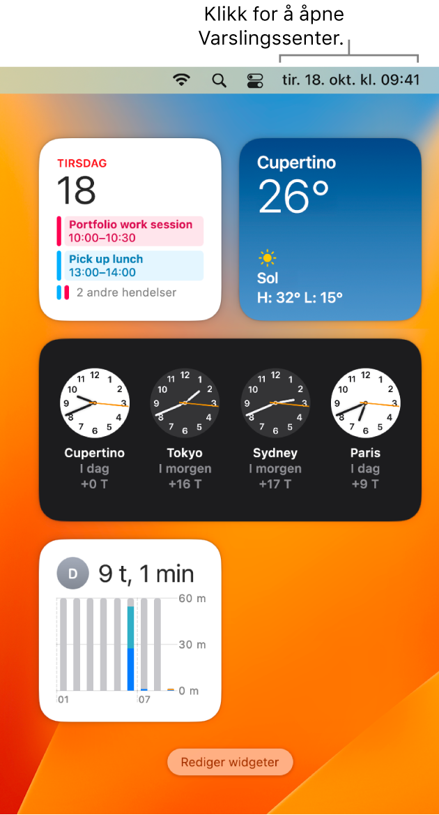 Varslingssenter med varslinger og widgeter for Kalender, Været, Klokke og Skjermtid.