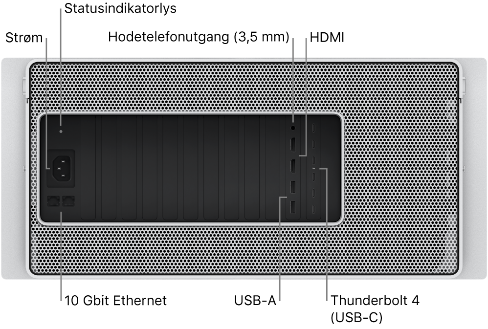 Baksiden av Mac Pro, som viser strømporten, et statuslys, 3,5 mm hodetelefonutgang, to HDMI-porter, seks Thunderbolt 4-porter (USB-C), to USB-A-porter og to 10 Gigabit Ethernet-porter.