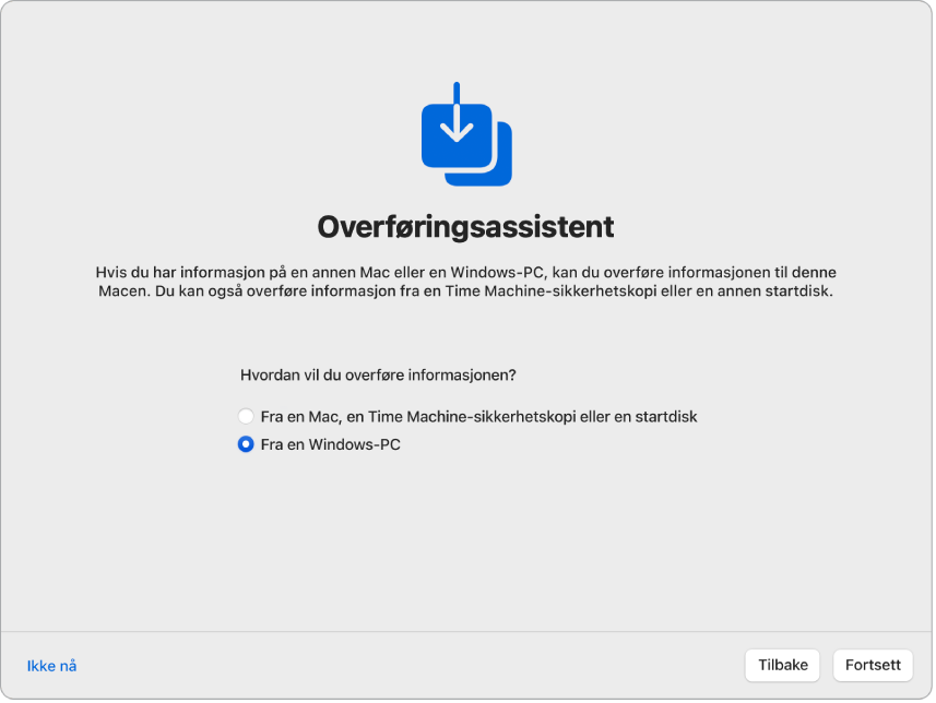 En skjerm fra Oppsettassistent som viser «Overføringsassistent». En avkrysningsrute for å overføre informasjon fra en Windows-PC er markert.