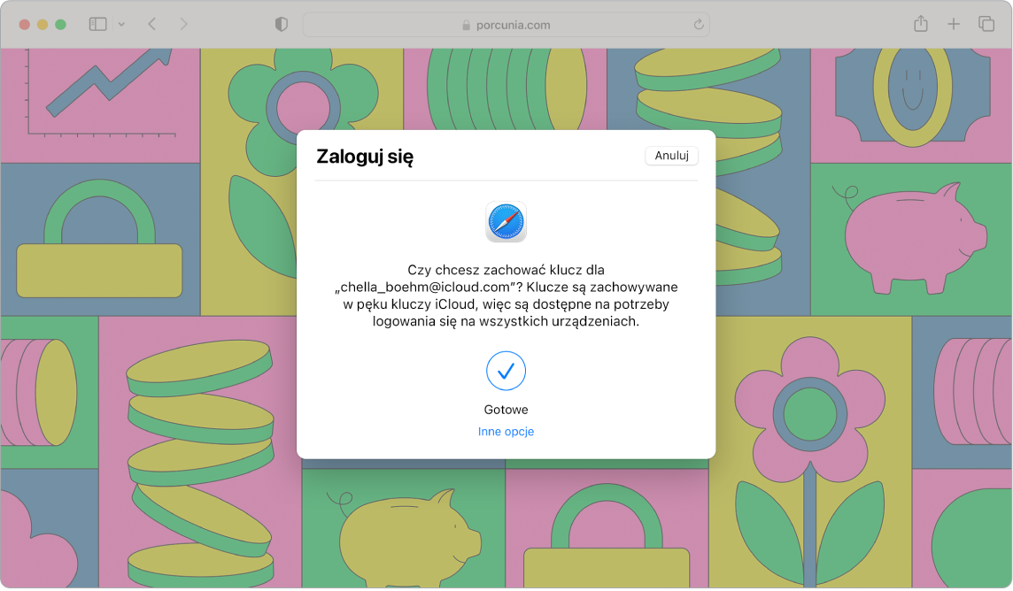 Okno Safari wyświetlające okno dialogowe logowania z pytaniem, czy użytkownik chce zachować klucz. Okno dialogowe informuje, że klucze zostały zapisane w pęku kluczy iCloud i są dostępne do logowania się na wszystkich urządzeniach. Niebieski znacznik wyboru wskazujący, że klucz został utworzony, a także łącze do innych opcji tworzenia klucza.