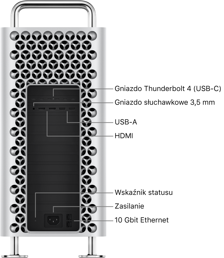 Widok z boku Maca Pro, na którym widać sześć gniazd Thunderbolt 4 (USB-C), gniazdo słuchawkowe 3,5 mm, dwa gniazda USB-A, dwa gniazda HDMI, lampkę wskaźnika statusu, gniazdo zasilania i dwa gniazda Ethernet 10 Gbit.