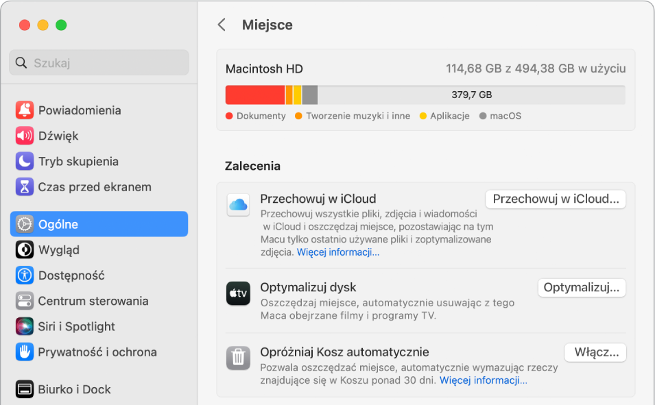 Zalecane ustawienia dotyczące pamięci masowej, wyświetlające opcje Przechowuj w iCloud, Optymalizuj dysk oraz Opróżniaj Kosz automatycznie.