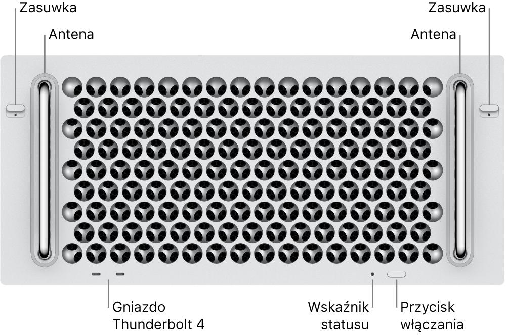 Widok Maca Pro z przodu, na którym widać dwa zatrzaski, dwie anteny, przycisk zasilania, lampkę wskaźnika statusu i dwa gniazda Thunderbolt 4 (USB-C).