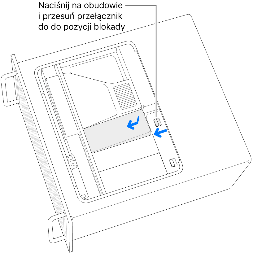 Montowanie osłony modułów SSD przez przesunięcie przełącznika blokady w lewo i naciśnięcie osłony modułów SSD.
