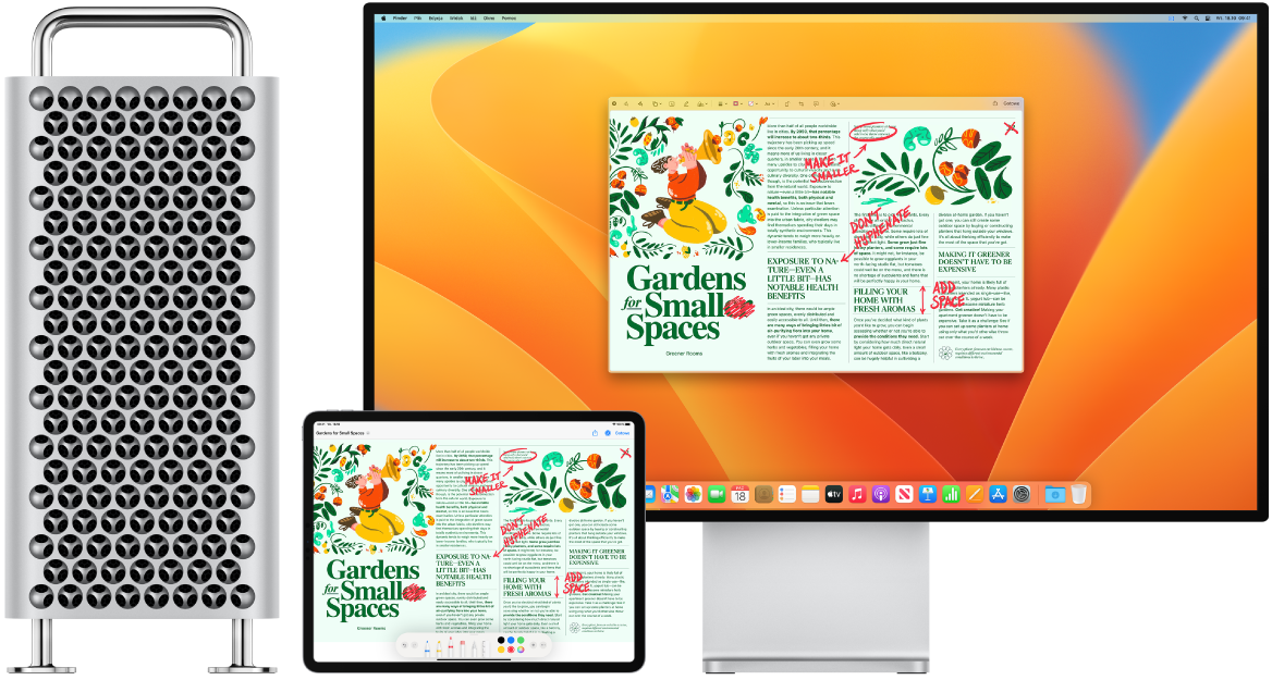 Mac Pro oraz iPad znajdujące się obok siebie. Na obu ekranach widoczny jest artykuł zawierający różne adnotacje: przekreślone zdania, strzałki i dopisane słowa. Na dole ekranu iPada wyświetlane są narzędzia oznaczania.