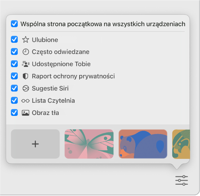 Menu podręczne dostosowywania Safari, zawierające pola wyboru Ulubione, Często odwiedzane, Udostępnione Tobie, Raport ochrony prywatności, Sugestie Siri, Lista czytelnia oraz Obraz tła.