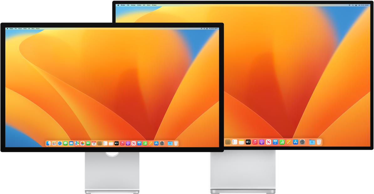 Wyświetlacze Studio Display i Pro Display XDR obok siebie.