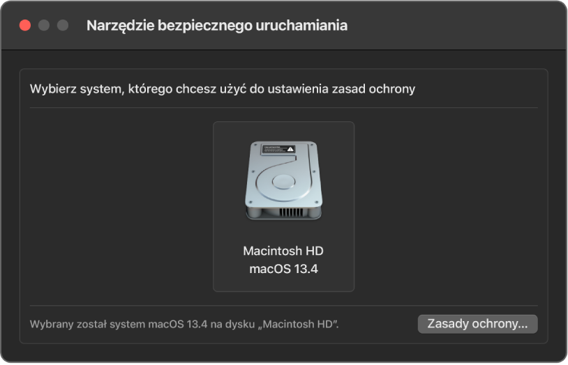 Okno Narzędzie bezpiecznego uruchamiania jest otwarte i zaznaczony jest dysk Macintosh HD z systemem macOS 13.4.