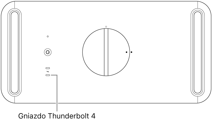 Widok Maca Pro z góry z objaśnieniem wskazującym właściwe gniazdo Thunderbolt 4.