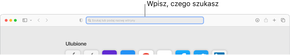 Fragment okna Safari z objaśnieniem wskazującym pole wyszukiwania na górze okna.