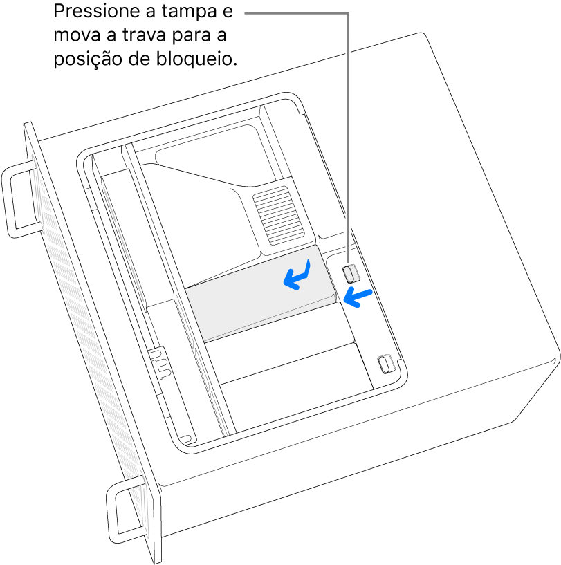 Reinstalação das capas do SSD, movendo o controle da trava para a esquerda e pressionando a capa do SSD para baixo.