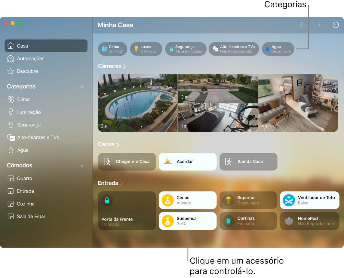 App Casa mostrando categorias e cenas e acessórios favoritos.
