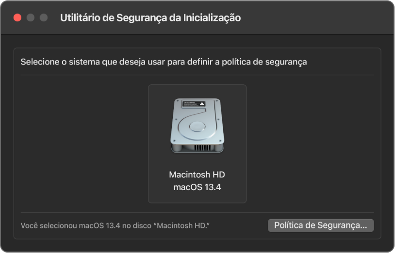 A janela do Utilitário de Segurança está aberta e HD Macintosh com macOS 13.4 está selecionado.