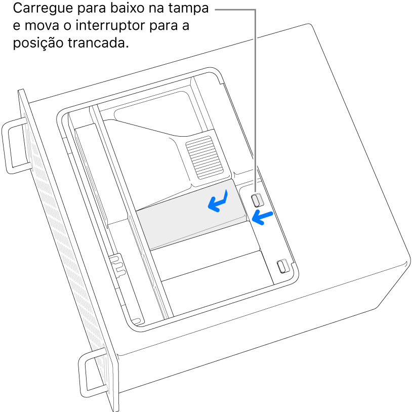 Reinstale as tampas SSD movendo o trinco para a esquerda e premindo para baixo na tampa SSD.