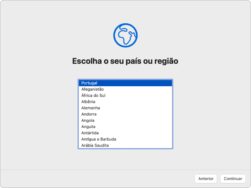 Um ecrã no Assistente de Configuração a mostrar opções para selecionar o país ou região de um utilizador.
