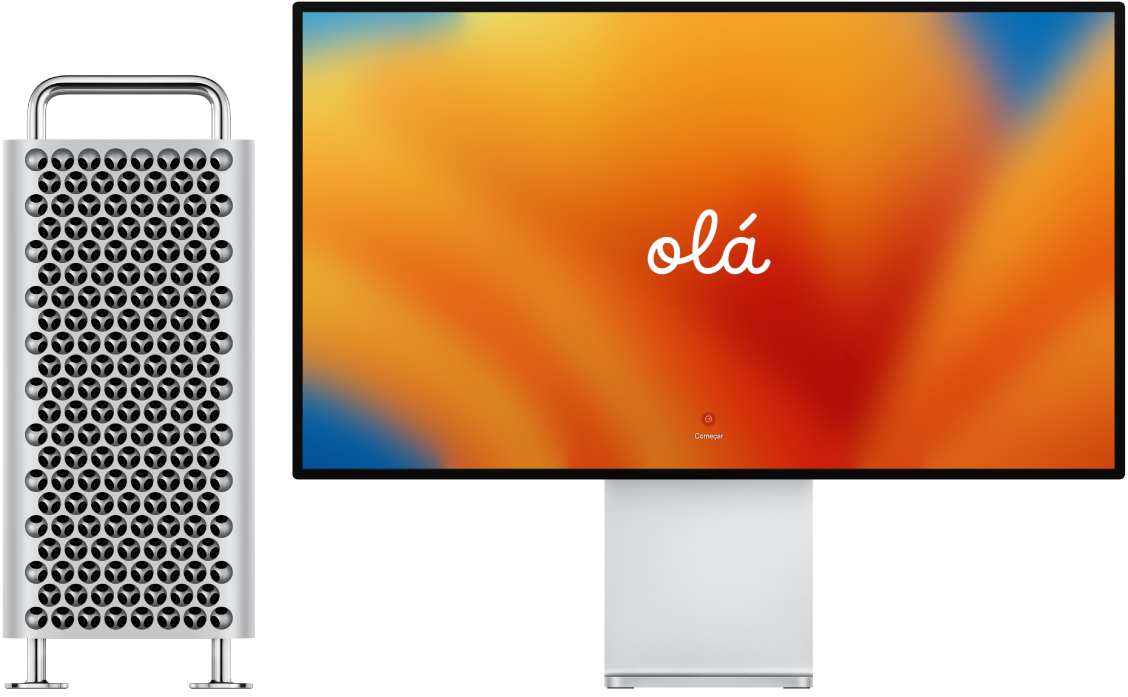 Um Mac Pro e um Pro Display XDR lado a lado com a palavra “olá” no ecrã.