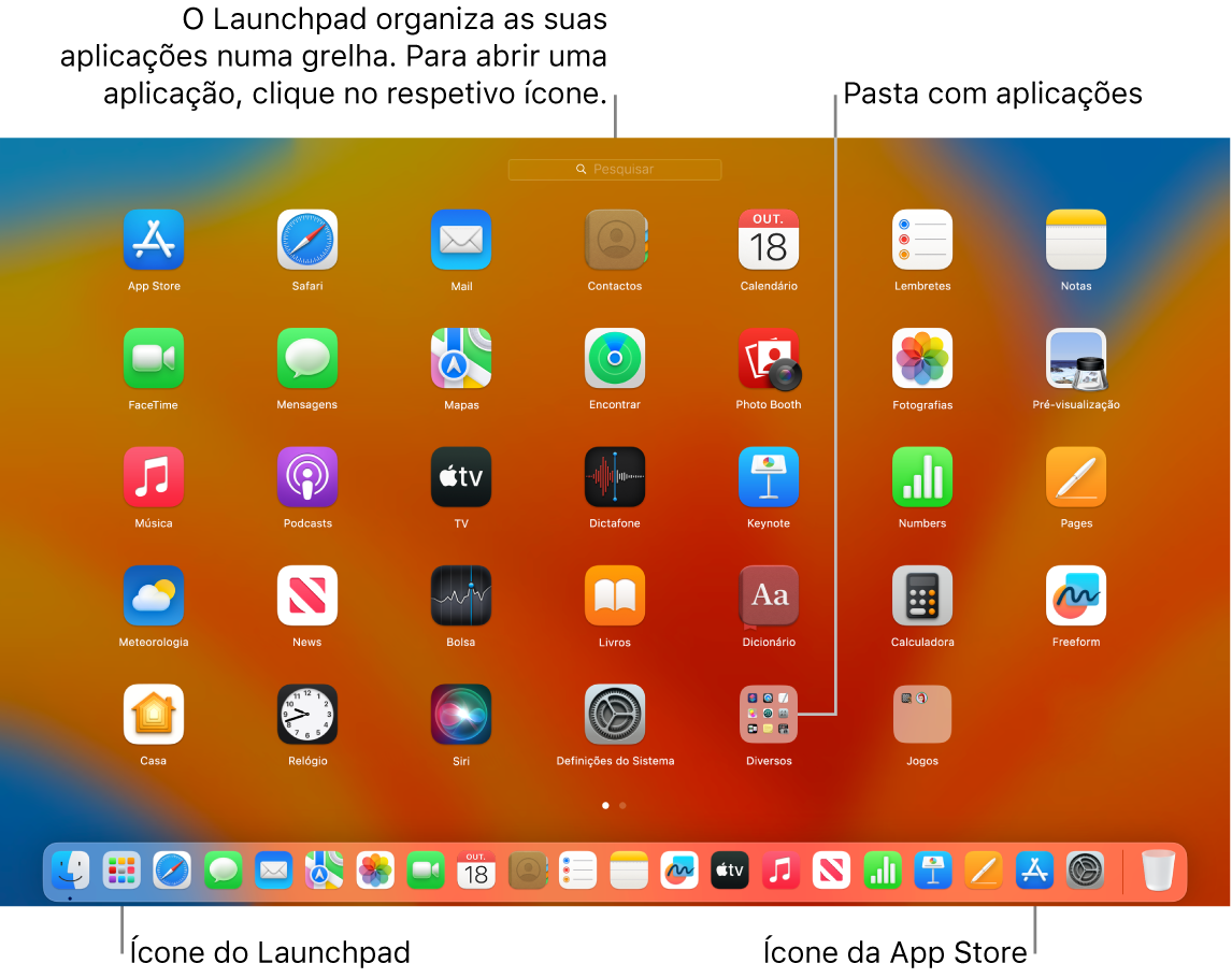 Um ecrã do Mac com o Launchpad aberto, a mostrar uma pasta de aplicações no Launchpad e os ícones do Launchpad e da App Store na Dock.