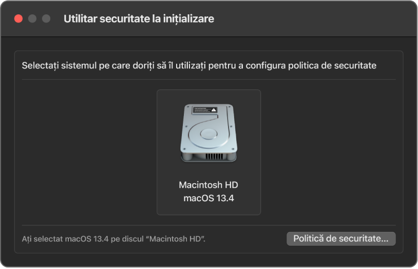 Fereastra Utilitar securitate la inițializare este deschisă și este selectat Macintosh HD cu macOS 13.4.