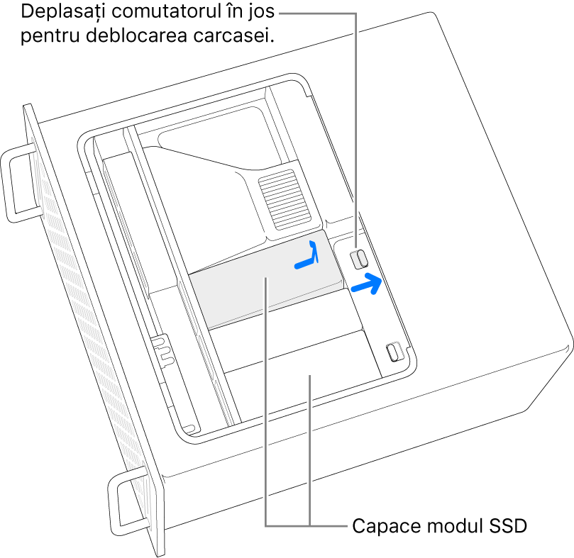 Comutatorul este mutat la dreapta pentru deblocarea carcasei SSD.