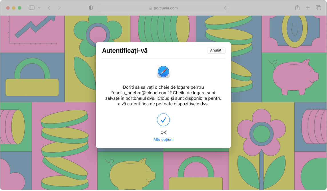 O fereastră Safari afișând un dialog de autentificare care întreabă utilizatorul dacă dorește să salveze o cheie de logare. Conform dialogului, cheile de logare sunt salvate în portcheiul iCloud și sunt disponibile pentru a vă autentifica pe toate dispozitivele dvs. O bifă albastră indică faptul că a fost creată cheia de logare. În plus, există un link spre Alte opțiuni pentru crearea unei chei de logare.