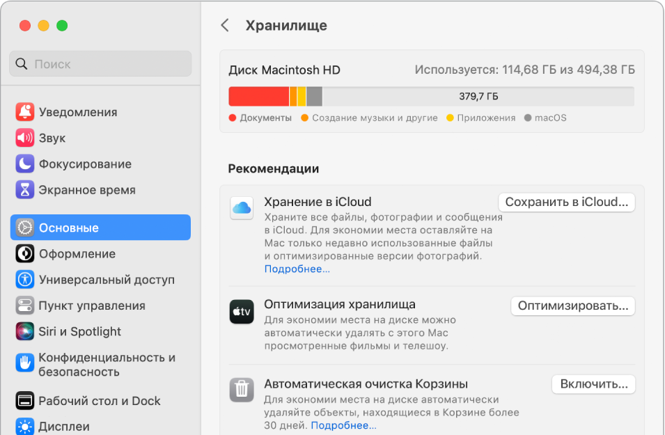 Рекомендуемые настройки хранилища: «Хранение в iCloud», «Оптимизация хранилища» и «Очищать Корзину автоматически».