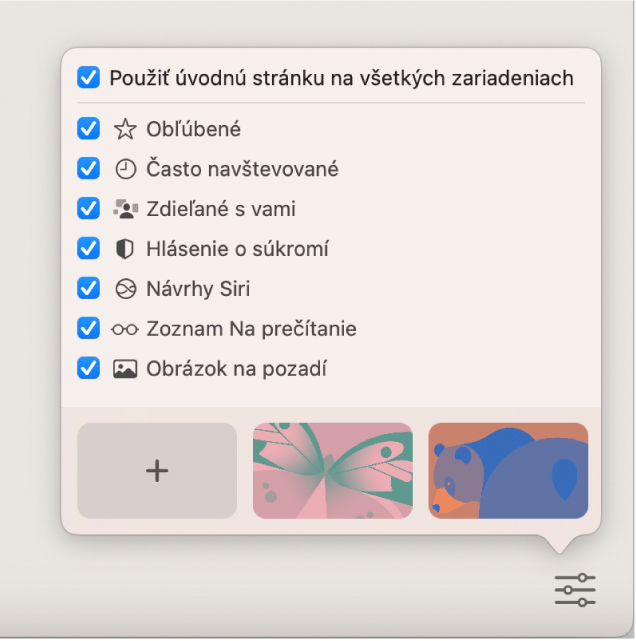 Vyskakovacie okno Úprava Safari so zaškrtávacími políčkami pre položky Obľúbené, Často navštevované, Zdieľané s vami, Hlásenie o súkromí, Návrhy Siri, zoznam Na prečítanie a Obrázok pozadia.