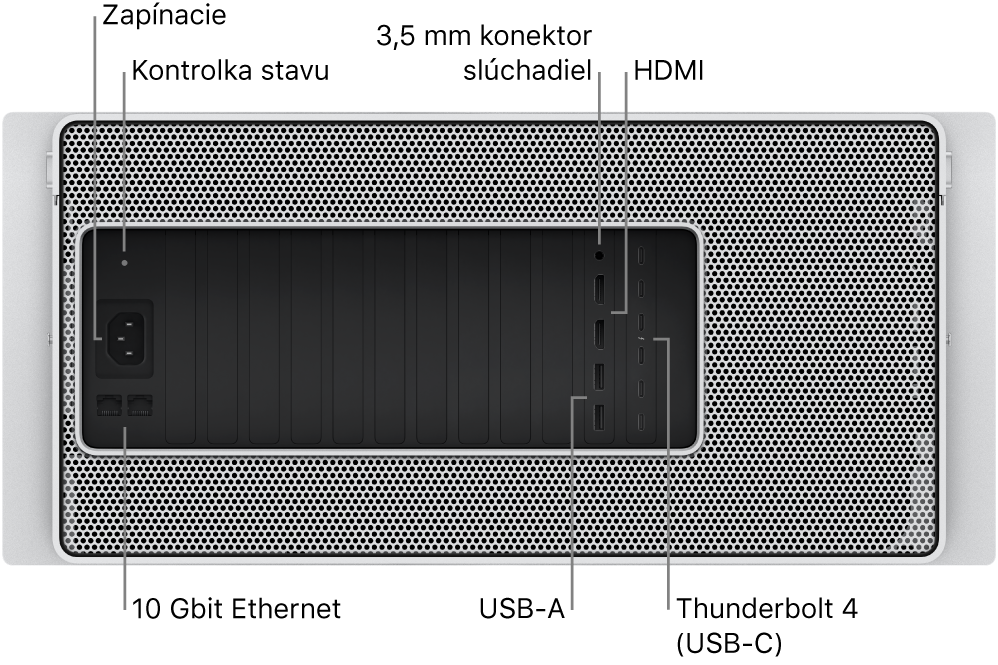 Pohľad zozadu na Mac Pro zobrazujúci port napájania, svetelný indikátor stavu, konektor na slúchadlá s rozmerom 3,5 mm, dva HDMI porty, šesť portov Thunderbolt 4 (USB-C), dva porty USB-A a dva 10 Gbit ethernetové porty.