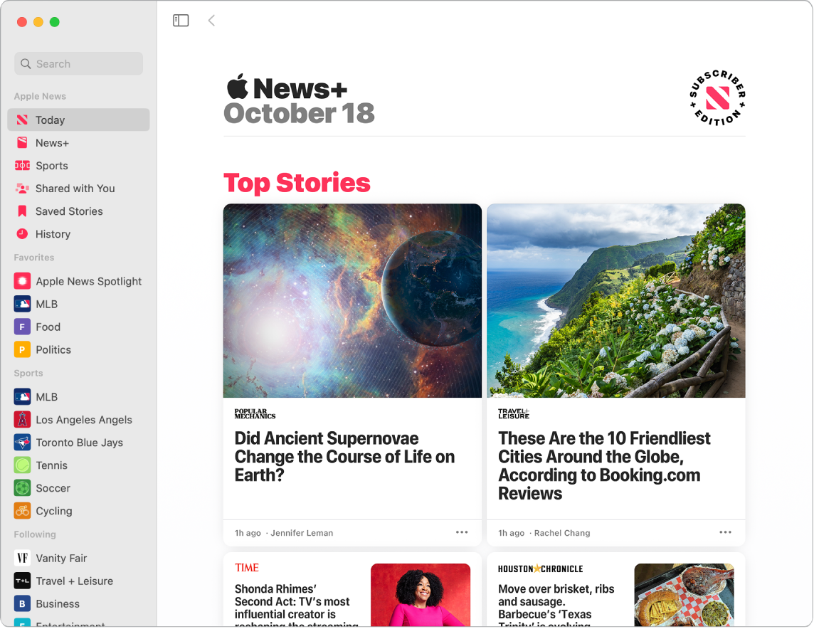 Okno aplikácie News zobrazujúce zoznam sledovaných položiek a zobrazenie Top Stories (Najlepšie články).