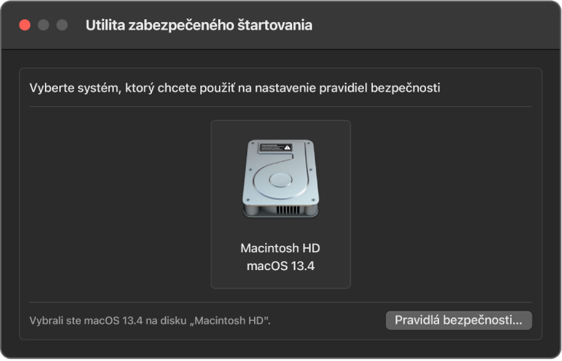 Okno Utility zabezpečeného štartovania je otvorené a označený je priečinok Macintosh HD so systémom macOS 13.4.