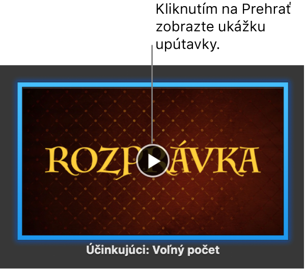 Obrazovka upútavky aplikácie iMovie s tlačidlom Prehrať.