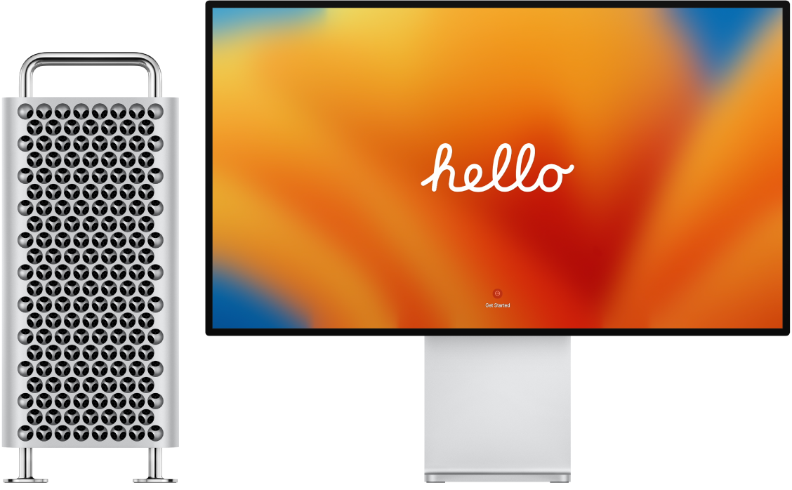 Računalnik Mac Pro in zaslon Pro Display XDR drug ob drugem z besedo »hello« na zaslonu.