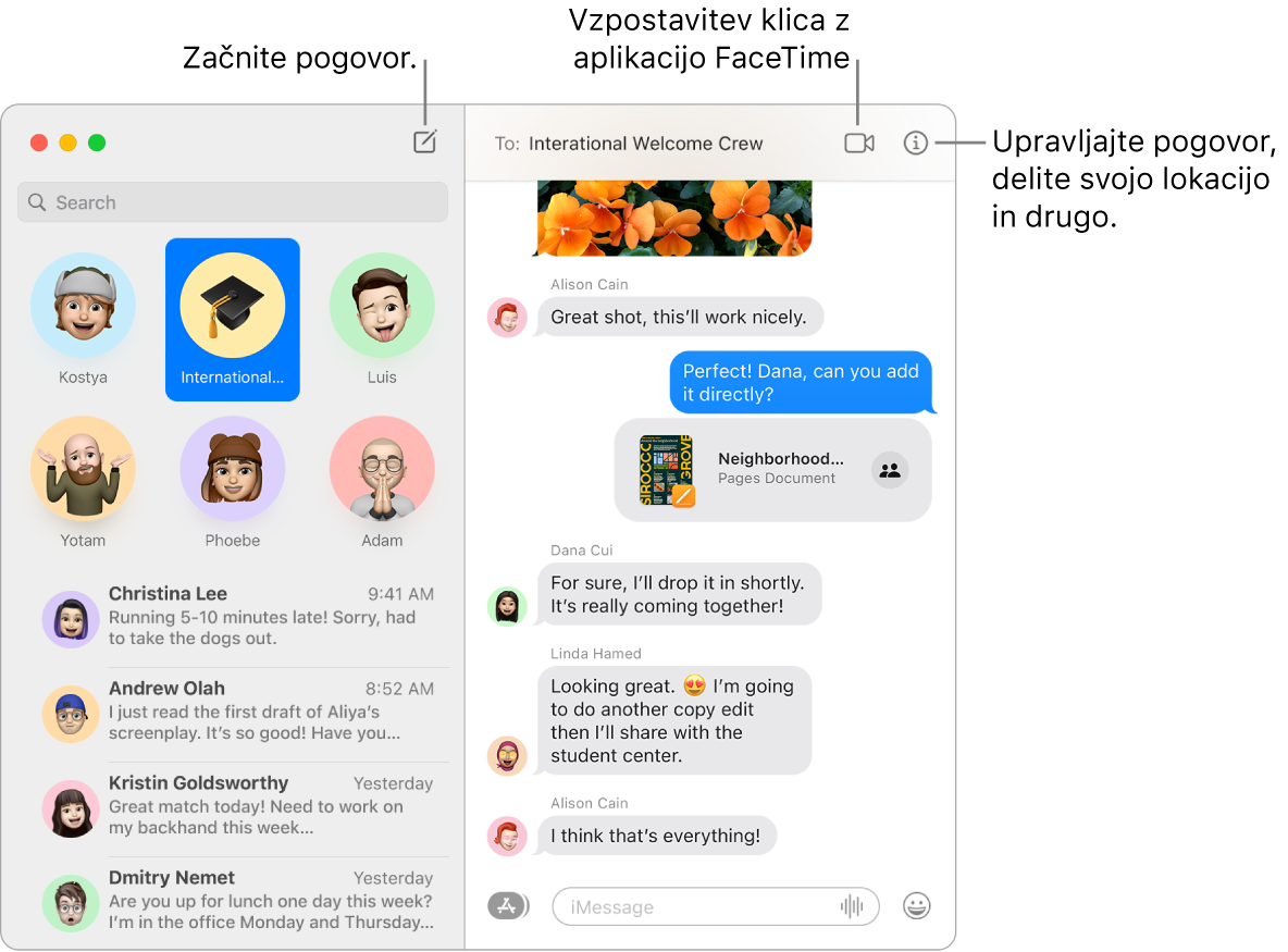 Okno aplikacije Messages, v katerem je prikazano, kako začeti pogovor in kako vzpostaviti klic FaceTime.