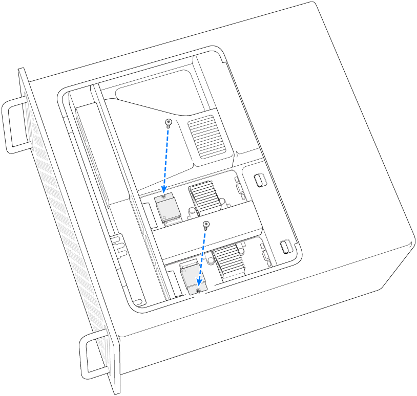  Två skruvar fästs på SSD-modulerna.