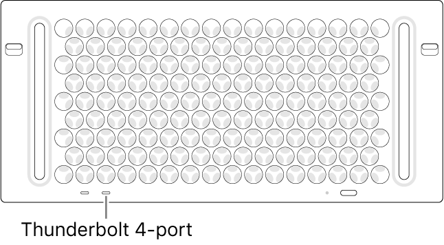 Ovansidan av Mac Pro där det pekas ut vilken Thunderbolt 4-port som ska användas.