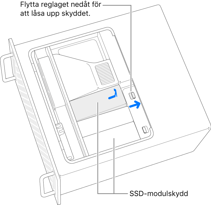 Reglaget flyttas åt höger så att SSD-skyddet låses upp.