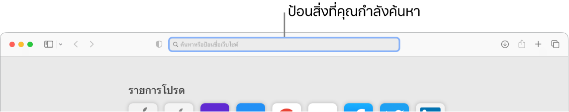 หน้าต่าง Safari ที่ถูกครอบตัดซึ่งมีตัวชี้บรรยายไปยังช่องค้นหาที่ด้านบนสุดของหน้าต่าง