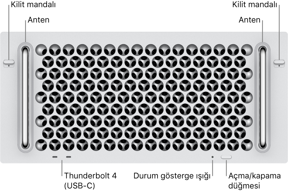 Mac Pro’nun önü; iki adet mandalı, iki adet anteni, açma/kapama düğmesini, durum göstergesi ışığını ve iki adet Thunderbolt 4 (USB-C) kapısını gösteriyor.