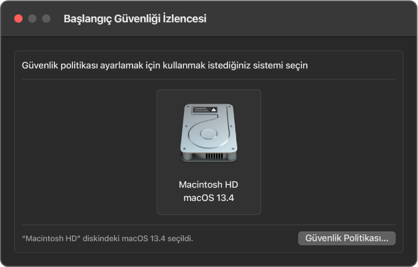 Başlangıç Güvenliği İzlencesi penceresi açık ve macOS 13.4 bulunan Macintosh HD seçili.