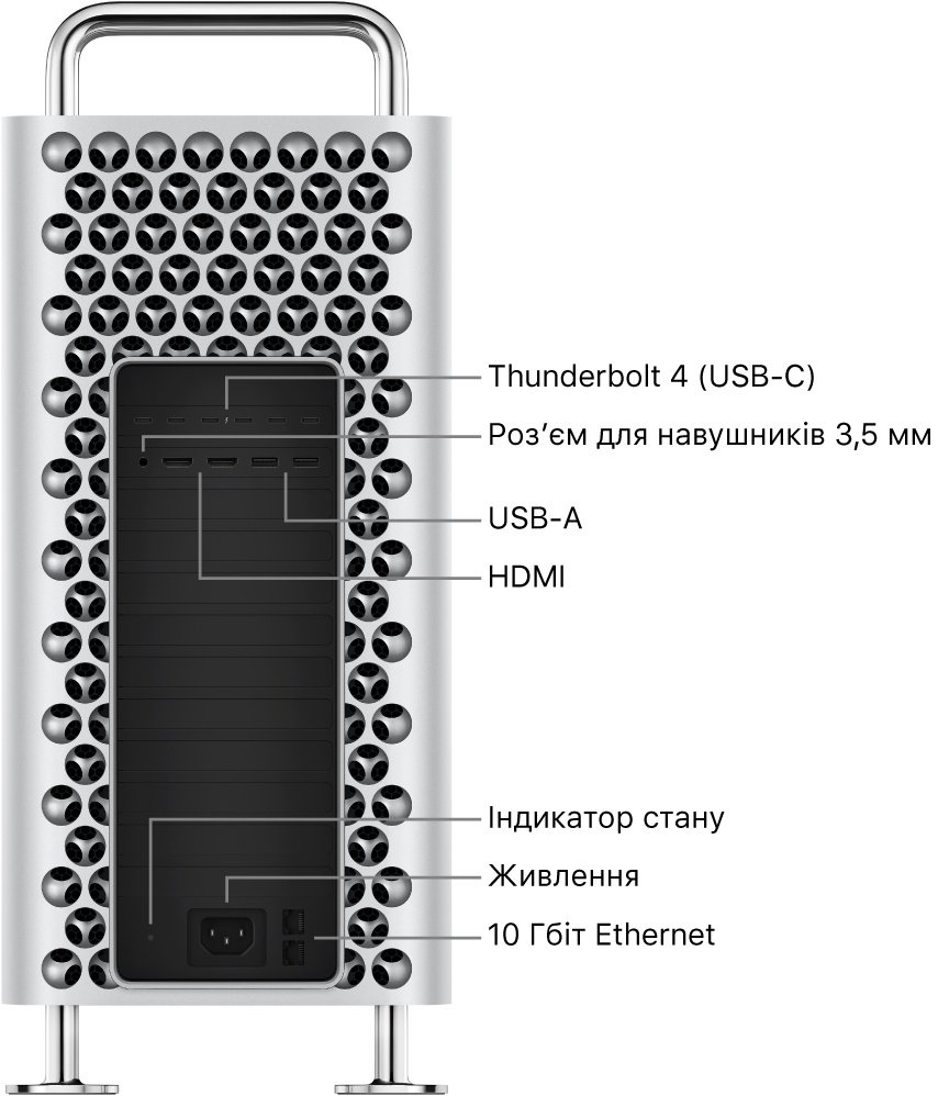 Вигляд збоку на Mac Pro, який демонструє шість портів Thunderbolt 4 (USB-C), роз’єм для навушників 3,5 мм, два порти USB-A, два порти HDMI, світловий індикатор стану, порт живлення і два порти 10 Gigabit Ethernet.