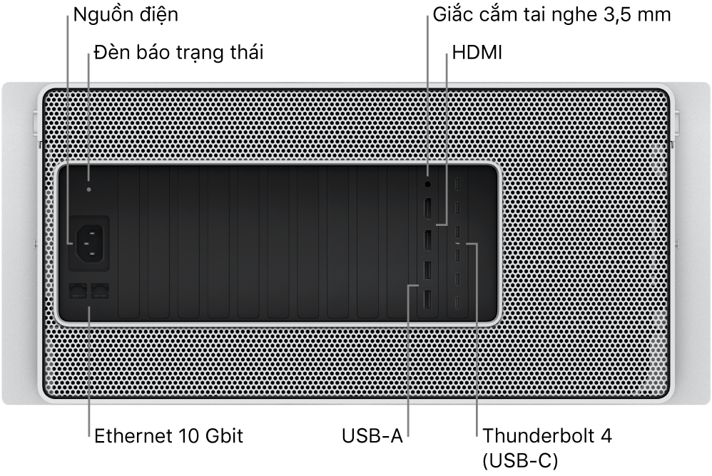 Góc nhìn mặt sau của Mac Pro đang hiển thị cổng nguồn, một đèn báo trạng thái, giắc cắm tai nghe 3,5 mm, hai cổng HDMI, sáu cổng Thunderbolt 4 (USB-C), hai cổng USB-A và hai cổng Ethernet 10 Gbit.