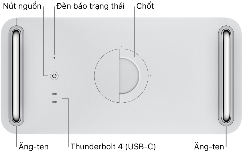 Mặt trên của Mac Pro đang hiển thị nút Nguồn, đèn báo trạng thái, chốt, hai cổng Thunderbolt 4 (USB-C) và hai ăng-ten, một ở bên trái và một ở bên phải.