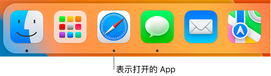 程序坞的一部分，显示打开的 App 下面的黑色圆点。