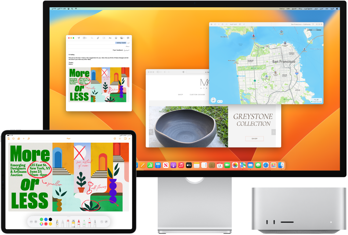 جهازا Mac Studio و iPad يظهران بجوار بعضهما. تعرض شاشة iPad نشرة إعلانية بها تعليقات توضيحية. شاشة الـ Mac Studio تتضمن رسالة بريد تظهر بها النشرة الإعلانية ذات التعليقات التوضيحية واردة من الـ iPad كمرفق.