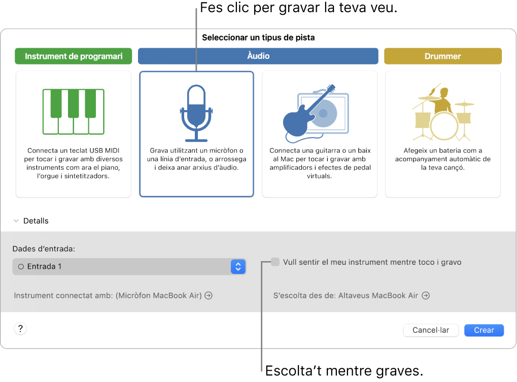 El tauler d’instruments del GarageBand indicant on s’ha de fer clic per gravar la veu i com et pots escoltar mentre graves.