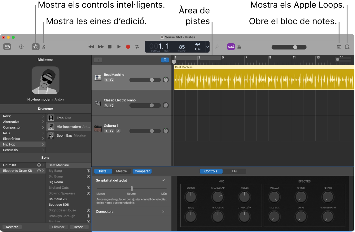 Una finestra del GarageBand amb els botons per accedir als Smart Controls, Editors, Notes i Apple Loops. També mostra la pantalla de pistes.