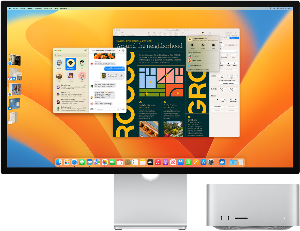 Mac Studio s připojeným monitorem, na kterém se zobrazuje plocha s Ovládacím centrem a několika otevřenými aplikacemi